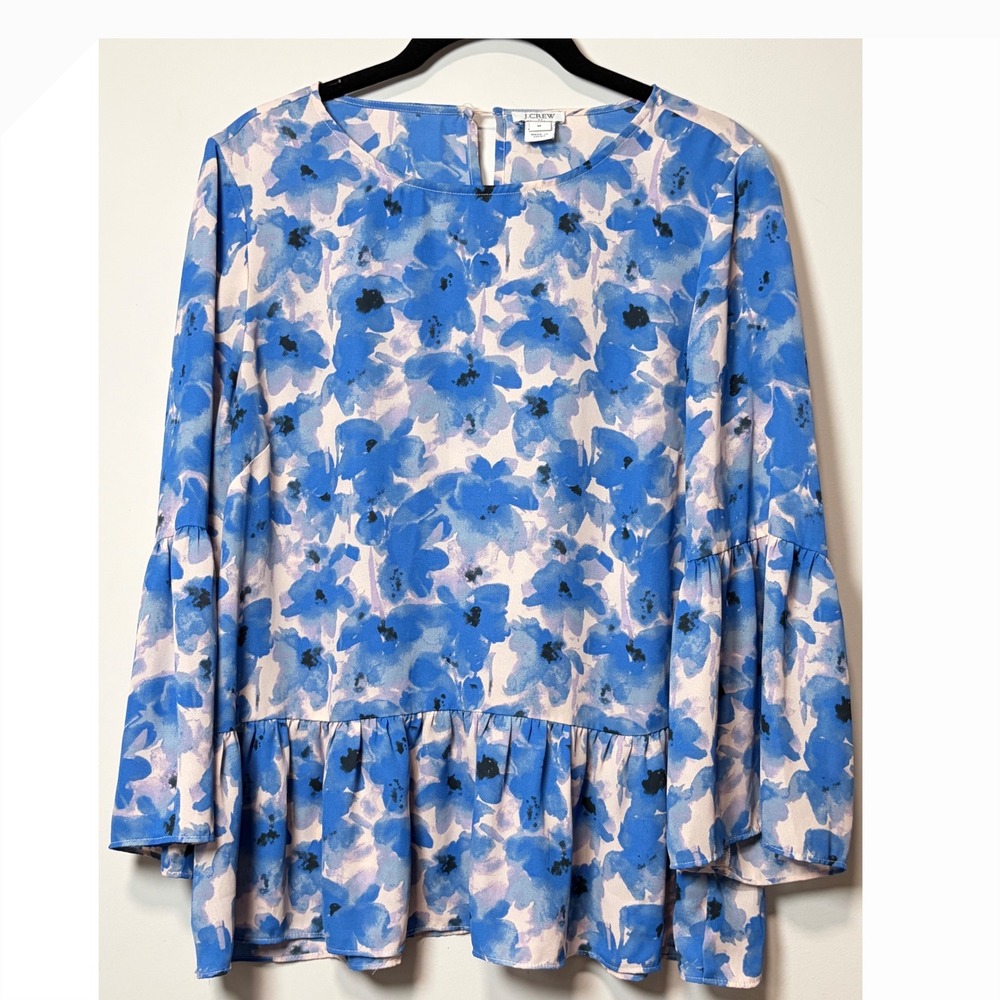 J.Crew Blue Floral Bell Sleeve Peplum Blouse H5386 SP18 Womens Medium